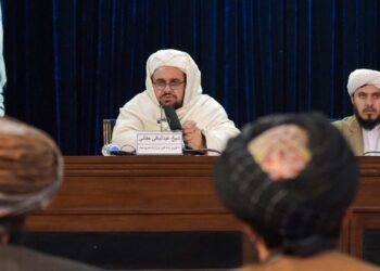 Afghanistan’s Taliban Minister for Higher Education Abdul Baqi Haqqani speaks during a press conference in Kabul on January 12, 2022. (Photo by Wakil KOHSAR / AFP)