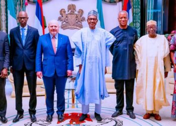 Adviser, International Criminal Court (ICC) Prosecutor, Mamadou Racine (left); ICC Chief Prosecutor, Karim Ahmad Khan; President Muhammadu Buhari; Foreign Affairs Minister, Geoffrey Onyeama; Chief of Staff to the President, Prof. Ibrahim Gambari and Nigerian Ambassador to the Netherlands, Dr. Eniola Ajayi when Buhari received Khan in audience, at State House, Abuja…yesterday. PHOTO: PHILIP OJISUA