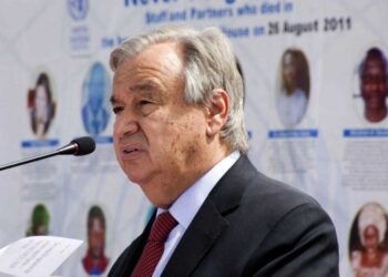 United Nations Secretary-General Antonio Guterres, delivers a speech after laying a wreath at the United Nations house in Abuja in honour of victims of the 2011 bombing attack at the UN House, in Abuja on May 4, 2022. Kola Sulaimon / AFP