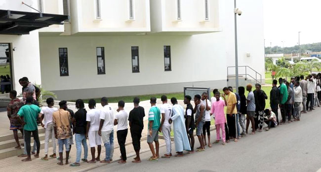 A photo released by the EFCC on June 9, 2022, shows some of the suspects arrested in the Ikorodu area of Lagos State.