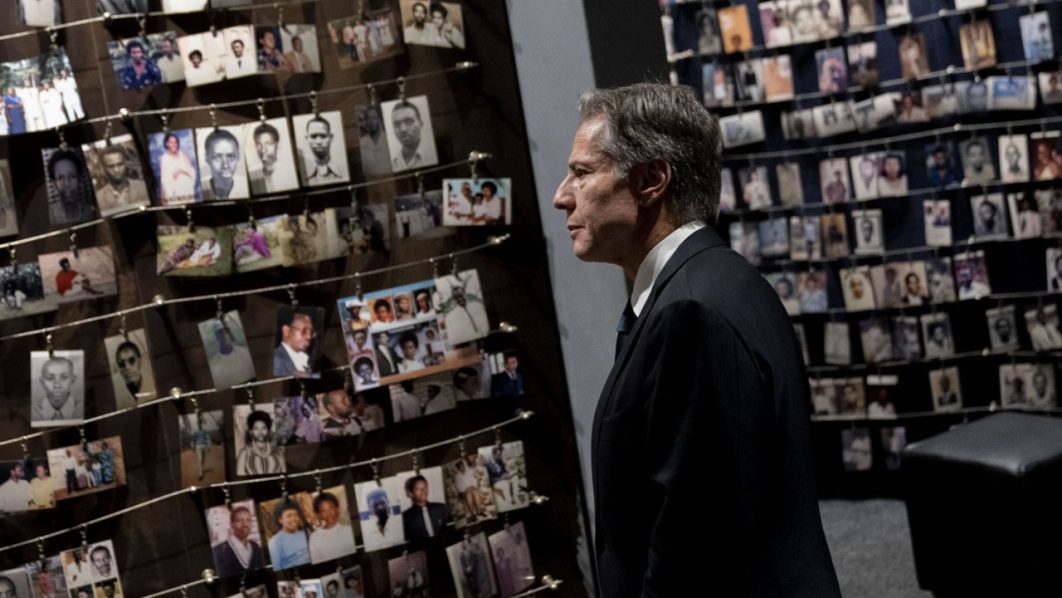 US Secretary of State Antony Blinken visits the Kigali Genocide Memorial in Kigali, Rwanda, on August 11, 2022. – Blinken is on a ten day trip to Cambodia, Philippines, South Africa, Congo, and Rwanda. (Photo by Andrew Harnik / POOL / AFP)