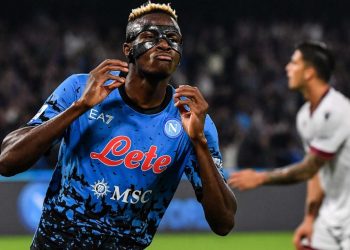 Napoli’s Nigerian forward Victor Osimhen celebrates after scoring his side’s third goal during the Italian Serie A footbal match between Napoli and Bologna on October 16, 2022 at the Diego-Maradona stadium in Naples. (Photo by Tiziana FABI / AFP)