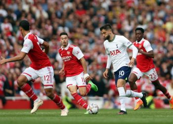 [FILE] Tottenham Hotspur’s Uruguayan midfielder Rodrigo Bentancur runs with the ball during the English Premier League football match between Arsenal and Tottenham Hotspur at the Emirates Stadium in London on October 1, 2022. (Photo by Adrian DENNIS / AFP)