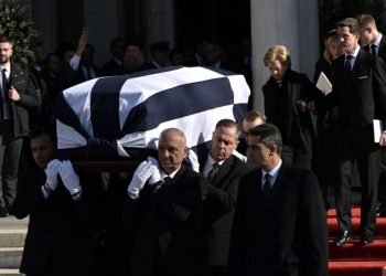 Pall-bearers carry the coffin in front of Greece’s former Queen Anne-Marie (CTopR) and Pavlos, Crown Prince of Greece as they leave after the funeral service of former King of Greece Constantine II in the Metropolitan Cathedral of Athens, on January 16, 2023. – Dozens of European royals and hundreds of Greeks gathered in Athens on January 16, 2023, for the funeral of Greece’s last king, Constantine II, who died aged 82. (Photo by Aris Messinis / AFP)