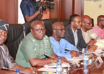 from the right, President National Union of Petroleum and Natural Gas Workers, Igwe Achese; the President Petroleum and Natural Gas Senior Staff Association of Nigeria, Francis Johnson; the PENGASSAN National Industrial Relations Officer, Nduka Ohaeri, Director General NUPENG, Joseph Ogbebor; Director General PENGASSAN, Lumumba Okugbawa and the National Chairman, Petroleum Tanker Drivers, PENGASSAN, Alhaji Sulaimon Oladiti during a meeting for the presentation of the Oil Workers Position on the lingering fuel crises in the country at the Presidential Villa, Abuja. Photo from Philip Ojisua