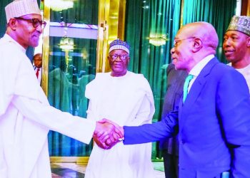 EMEFIELE IS BACK! President Muhammadu Buhari (left); Chief of Staff to the President, Ibrahim Gambari; Governor of Central Bank of Nigeria (CBN), Godwin Emefiele and Borno State Governor Babagana Zulum at the Presidential Villa, Abuja, yesterday. PHOTO: STATE HOUSE