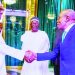 EMEFIELE IS BACK! President Muhammadu Buhari (left); Chief of Staff to the President, Ibrahim Gambari; Governor of Central Bank of Nigeria (CBN), Godwin Emefiele and Borno State Governor Babagana Zulum at the Presidential Villa, Abuja, yesterday. PHOTO: STATE HOUSE