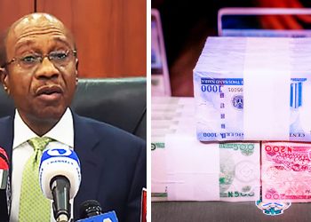 A collage of CBN Governor, Godwin Emefiele and redesigned naira notes