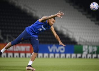 France’s forward Kylian Mbappe takes part in a training session at the Jassim-bin-Hamad Stadium in Doha on November 20, 2022, ahead of the Qatar 2022 World Cup football tournament. (Photo by FRANCK FIFE / AFP)