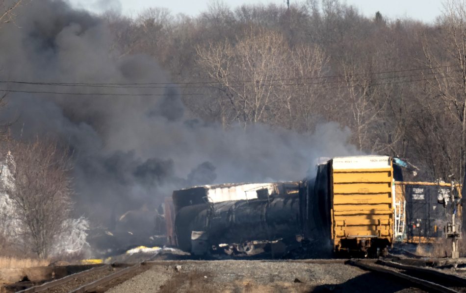 US cargo train derails, causing huge fire and leaking hazardous gas