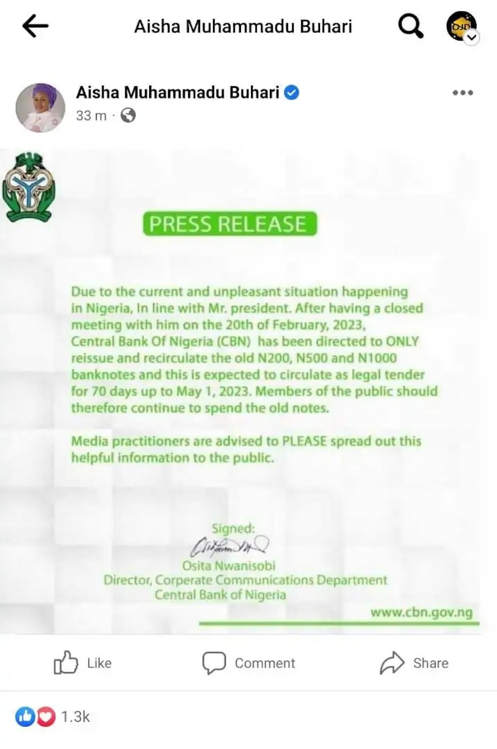 CBN labels Aisha Buhari’s post on old 500, 1000 naira notes as fake news