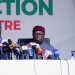 Chairman, Independent National Electoral Commission (INEC), Prof. Mahmood Yakubu (left); INEC Commissioners, Festus Okoye, a lawyer, and Prof. Kunle Ajayi, at media briefing on 2023 General Elections in Abuja…yesterday.