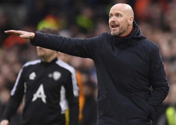 Manchester United’s Dutch manager Erik ten Hag gestures on the touchline during the English Premier League football match between Leeds United and Manchester United at Elland Road in Leeds, northern England on February 12, 2023. (Photo by Oli SCARFF / AFP) /