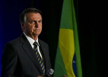 Former Brazilian President Jair Bolsonaro speaks during a “Power of the People Rally” at Trump National Doral resort in Miami, Florida, on February 3, 2023. (Photo by CHANDAN KHANNA / AFP)