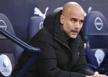 Manchester City’s Spanish manager Pep Guardiola reacts prior to the English Premier League football match. (Photo by Oli SCARFF / AFP)