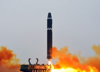 This picture taken on February 18, 2023 and released from North Korea’s official Korean Central News Agency (KCNA) on February 19, 2023 shows test-firing of the intercontinental ballistic missile (ICBM) “Hwasong-15”, at Pyongyang International Airport. (Photo by STRINGER / KCNA VIA KNS / AFP)