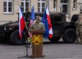 Commander of US Army Garrison Poland Col Jorge M Fonseca speaks during the inauguration ceremony of the permanent US Army Garrison Poland, at Camp Kosciuszko in Poznan, on March 21, 2023. – The United States inaugurated its first permanent military garrison in Poland on March 21, 2023, which the US ambassador in Warsaw said was a sign of Nato’s unity “in the face of Russian the aggression”. (Photo by Wojtek RADWANSKI / AFP)