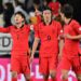 South Korea’s Son Heung-min (L) celebrates his goal during an international friendly football match between South Korea and Colombia in Ulsan on March 24, 2023. (Photo by JUNG YEON-JE / AFP)