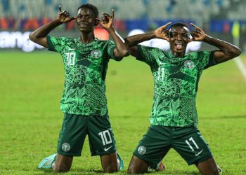 Flying Eagles celebrating their winning goal during the African U-20 Nations Cup quarterfinal game against Hippos of Uganda in Egypt…yesterday