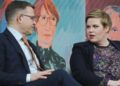 National Coalition Party leader Petteri Orpo (L) and Chair of the Center party Annika Saarikko are pictured in the central Sanomatalo building in Helsinki, Finland, on March 28, 2023 during a political debate with the main party leaders few days before the Finnish Parliamentary elections. – Finns vote on April 2, 2023 in a nail-bitingly close general election that sees Prime Minister Sanna Marin’s Social Democrats trailing two right-wing parties vying for her post. (Photo by Alessandro RAMPAZZO / AFP)