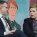 National Coalition Party leader Petteri Orpo (L) and Chair of the Center party Annika Saarikko are pictured in the central Sanomatalo building in Helsinki, Finland, on March 28, 2023 during a political debate with the main party leaders few days before the Finnish Parliamentary elections. – Finns vote on April 2, 2023 in a nail-bitingly close general election that sees Prime Minister Sanna Marin’s Social Democrats trailing two right-wing parties vying for her post. (Photo by Alessandro RAMPAZZO / AFP)