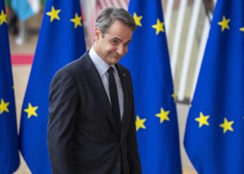 Prime Minister of Greece Kyriakos Mitsotakis arrives for a European council summit, in Brussels, on March 23, 2023. (Photo by NICOLAS MAETERLINCK / Belga / AFP) / Belgium OUT / BELGIUM OUT