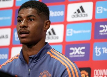 Manchester United Marcus Rashford speaks at a press conference. (Photo by CON CHRONIS / AFP)