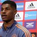 Manchester United Marcus Rashford speaks at a press conference. (Photo by CON CHRONIS / AFP)