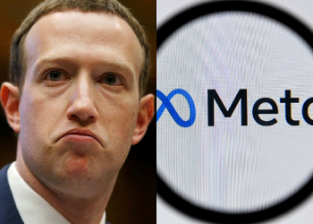 A photo collage of Mark Zuckerberg and Meta logo