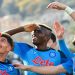 Osimhen (middle) celebrates his second goal against Spezia with his teammates