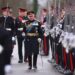 Britain’s King Charles III inspects graduating officer cadets march during the 200th Sovereign’s Parade at the Royal Military Academy, Sandhurst, southwest of London on April 14, 2023. (Photo by Dan Kitwood / POOL / AFP)