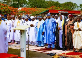 President Muhammadu Buhari(5th right) with other Muslims Faithful for Eid El-Fitr Mubarak Prayers at the Mambilla Barrak Praying Ground in Abuja yesterday PHOTO PHILLIP OJISUA