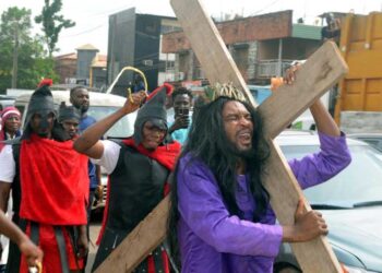 Christian faithful of St Kizitos Catholic, Church Iju Station during their drama sketch to commemorate good friday in lagos…yesterday PHOTOS; SUNDAY AKINLOLU