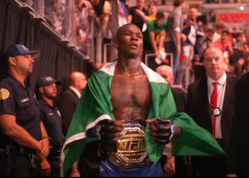 Israel Adesanya celebrates at the end of his fight against Alex Pereira at UFC 287 in Miami, Florida, USA. (Photo: Screenshot)