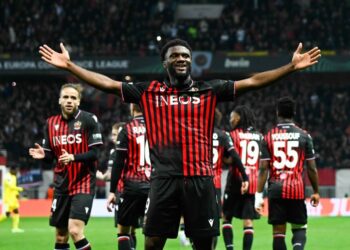 Terem Moffi of Nice celebrates his goal with teammates during the UEFA Europa Conference League match between Nice and Tiraspol at Allianz Riviera on March 16, 2023 in Nice, France. (Photo: AFP)