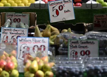 (FILES) In this file photo taken on May 12, 2022 The price of fruit and vegetables in pounds sterling is displayed on a trader’s market stall in London. – British annual inflation unexpectedly accelerated in February despite central bank efforts to tame a growing cost-of-living crisis, official data showed on March 22, 2023. “Food and non-alcoholic drink prices rose to their highest rate in over 45 years with particular increases for some salad and vegetable items as high energy costs and bad weather across parts of Europe led to shortages and rationing.” (Photo by JUSTIN TALLIS / AFP)