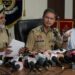 Punjab Police Director General (DG) Gaurav Yadav (C) speaks next to Punjab Police Commissioner Amritsar Naunihal Singh (L) during a press conference in Amritsar on May 11, 2023, following and an overnight blast in the vicinity of the Golden Temple. – A third blast in less than a week shook the area around the Sikh holy site of the Golden Temple in Amritsar, Indian police said on May 11. (Photo by Narinder NANU / AFP)