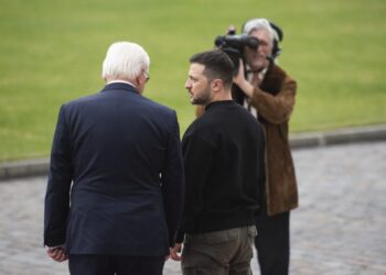 German President Frank-Walter Steinmeier (L) welcomes Ukraine’s President Volodymyr Zelensky on May 14, 2023 at the presidential Bellevue Palace in Berlin. (Photo by Christophe Gateau / POOL / AFP)