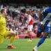 Brighton’s Ecuadrorian defender Pervis Estupinan celebrates after scoring his team third goal during the English Premier League football match between Arsenal and Brighton and Hove Albion at the Emirates Stadium in London on May 14, 2023. (Photo by Glyn KIRK / AFP)