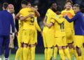 Barcelona’s players celebrate winning their 27th Spanish league championship after the Spanish league football match between RCD Espanyol and FC Barcelona at†the RCDE Stadium in Cornella de Llobregat on May 14, 2023. – Barcelona won Spain’s La Liga for the first time since 2019 by thrashing Espanyol 4-2 today, wrestling the title from rivals Real Madrid. The Catalan giants clinched their 27th Spanish championship with an emphatic derby victory, with Robert Lewandowski scoring twice, alongside Alejandro Balde and Jules Kounde’s goals. (Photo by Lluis GENE / AFP)