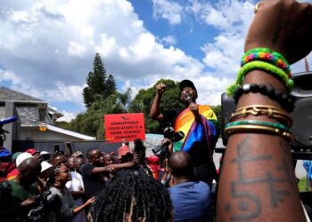 In this April 4, 2023, file photo, the Economic Freedom Fighters (EFF) leader Julius Malema speaks during their picket against Uganda's anti-homosexuality bill at the Ugandan High Commission in Pretoria, South Africa.
Themba Hadebe/AP, FILE