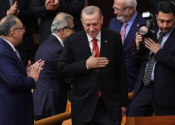 Turkish President Recep Tayyip Erdogan gestures while he attends the 28th term deputies’ oath-taking ceremony at the Turkish Grand National Assembly in Ankara, Turkey on June 02, 2023. (Photo by Adem ALTAN / AFP)