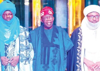 President Bola Tinubu (middle) with Emir of Borgu, Alhaji Mohammed Haliru Dantoro (left) and Emir of Kontagora, Alhaji Mohammad Barau Muazu, when the monarchs paid a visit to the President at the State House, Abuja…yesterday. PHOTO: PHILIP OJISUA