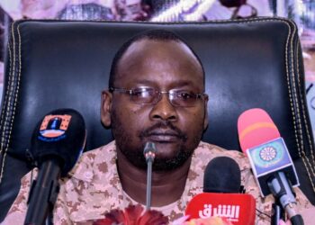 Abdul Latif Yahia Ishaq, head of the Sudan Liberation Movement, gives a press conference in Port Sudan on July 8, 2023. (Photo by – / AFP)