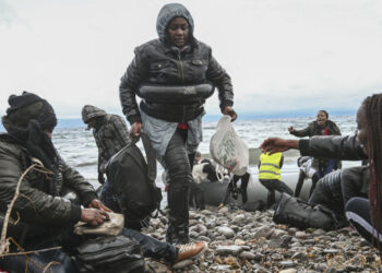 A dinghy with 27 refugees and migrants from Gambia and Republic of Congo arrive in Lesbos island after being rescued from a war ship on February 29, 2020.