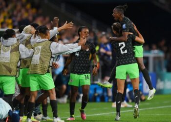 Uchenna Kanu (1st R) of Nigeria celebrates with teammates after scoring her team’s first goal during the FIFA Women’s World Cup Australia & New Zealand 2023 Group B match between Australia and Nigeria at Brisbane Stadium on July 27, 2023 in Brisbane / Meaanjin, Australia. (Photo AFP)