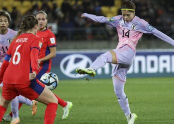 Japan’s midfielder #14 Yui Hasegawa shoots on goal during the Australia and New Zealand 2023 Women’s World Cup round of 16 football match between Japan and Norway at Wellington Regional Stadium in Wellington on August 5, 2023. (Photo by Marty MELVILLE / AFP)