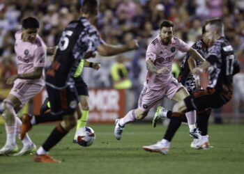 Inter Miami’s Argentine forward #10 Lionel Messi vies for the ball during the Major League Soccer 2023 match between Inter Miami and New York Red Bulls at the Red Bull arena in Harrison, New Jersey, August 26, 2023. (Photo by KENA BETANCUR / AFP)