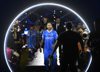 Brazilian national team's historical top scorer and the star of Paris Saint-Germain, Neymar Jr. attends the official unveiling as a new member of Saudi Al Hilal club at King Fahd Stadium in Riyadh, Saudi Arabia, Saturday, Aug. 19, 2023. Al Hilal club reached an agreement on the transfer of the Brazil forward for a reported 90 million euros ($98 million), a record for a league that is now financially backed by the oil-rich state. (AP Photo)