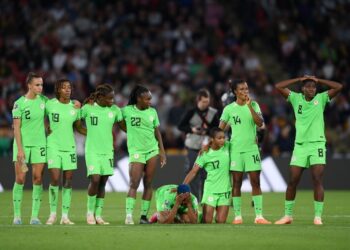 Nigeria Super Falcons players react after Desire Oparanozie missed the team’s first penalty in the penalty shoot out during the FIFA Women’s World Cup Round of 16 match at Brisbane Stadium on August 07, 2023. Photo: AFP